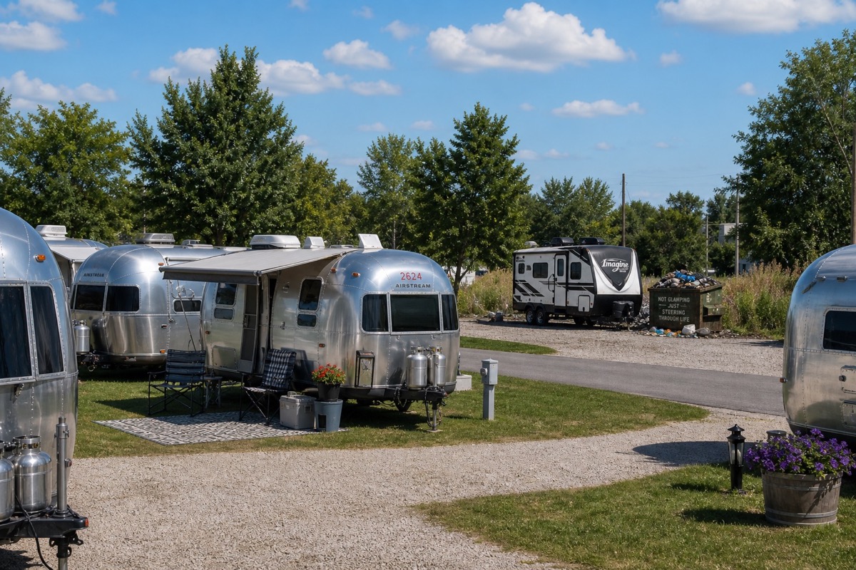 Shiny silver Airstreams parked on a manicured lawn with a dumpster and overflow trailer visible just beyond the huddle.