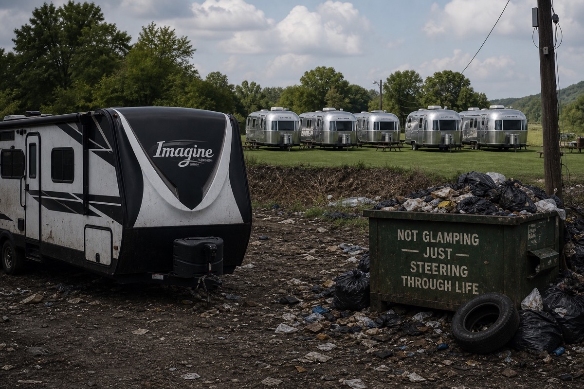 Overflow lot in the foreground with dumpster and white trailer; polished Airstreams gleaming on green grass in the distance.