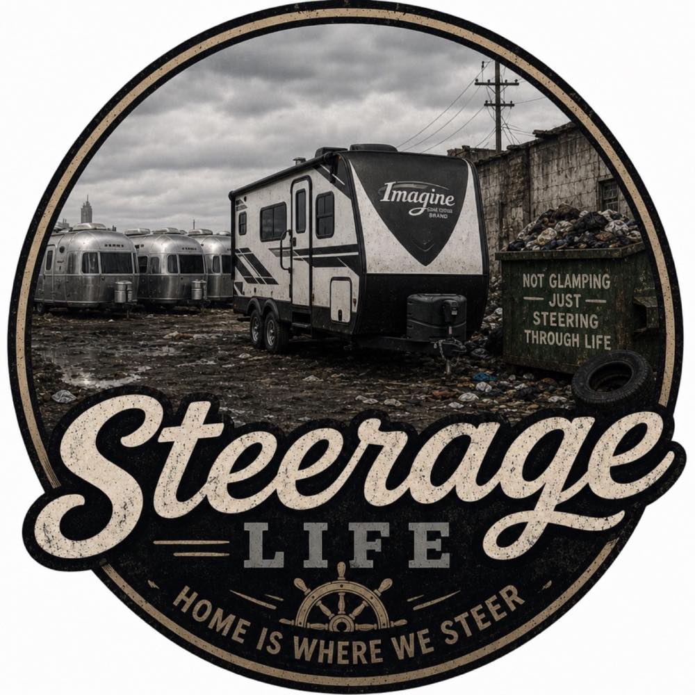 Circular Steerage Life patch: SOB trailer parked apart from a cluster of silver Airstreams, beside a dumpster.