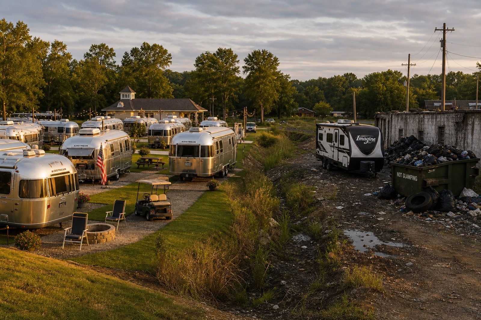 Pristine Airstream rally on green grass to the left; a dusty white trailer parked by an overflowing dumpster on dirt to the right.