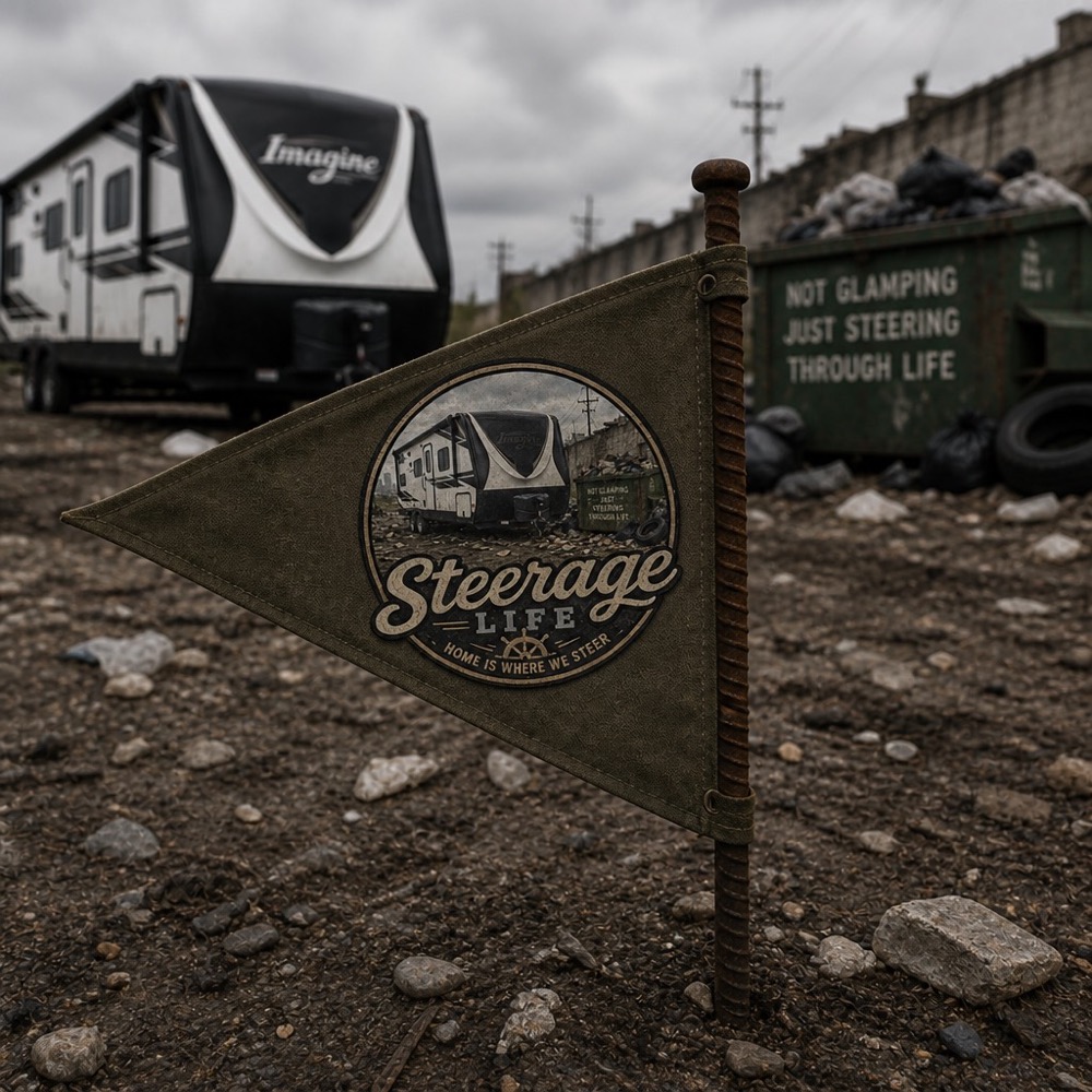 Olive camp pennant with the Steerage Life badge on a rusty stake.