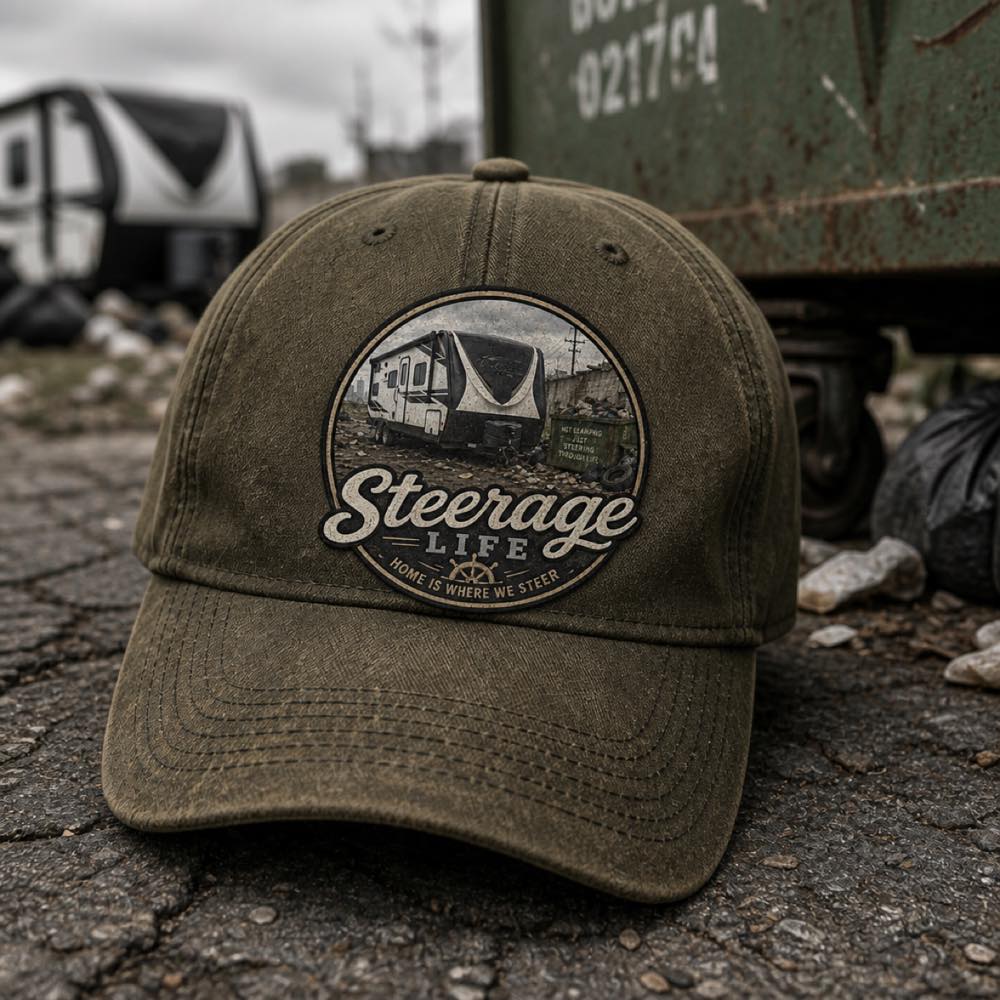 Olive canvas cap with the Steerage Life dumpster-lot patch.