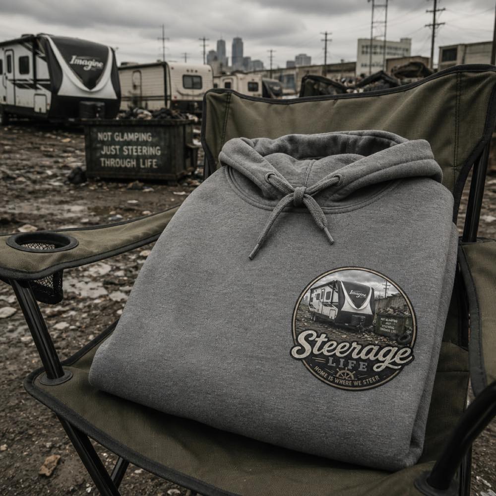 Heather-grey hoodie with a small Steerage Life badge.