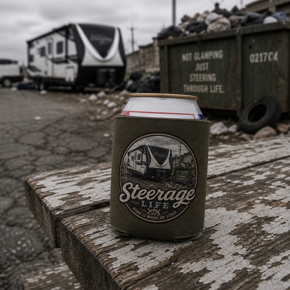 Olive canvas koozie with the Steerage Life badge holding a can.