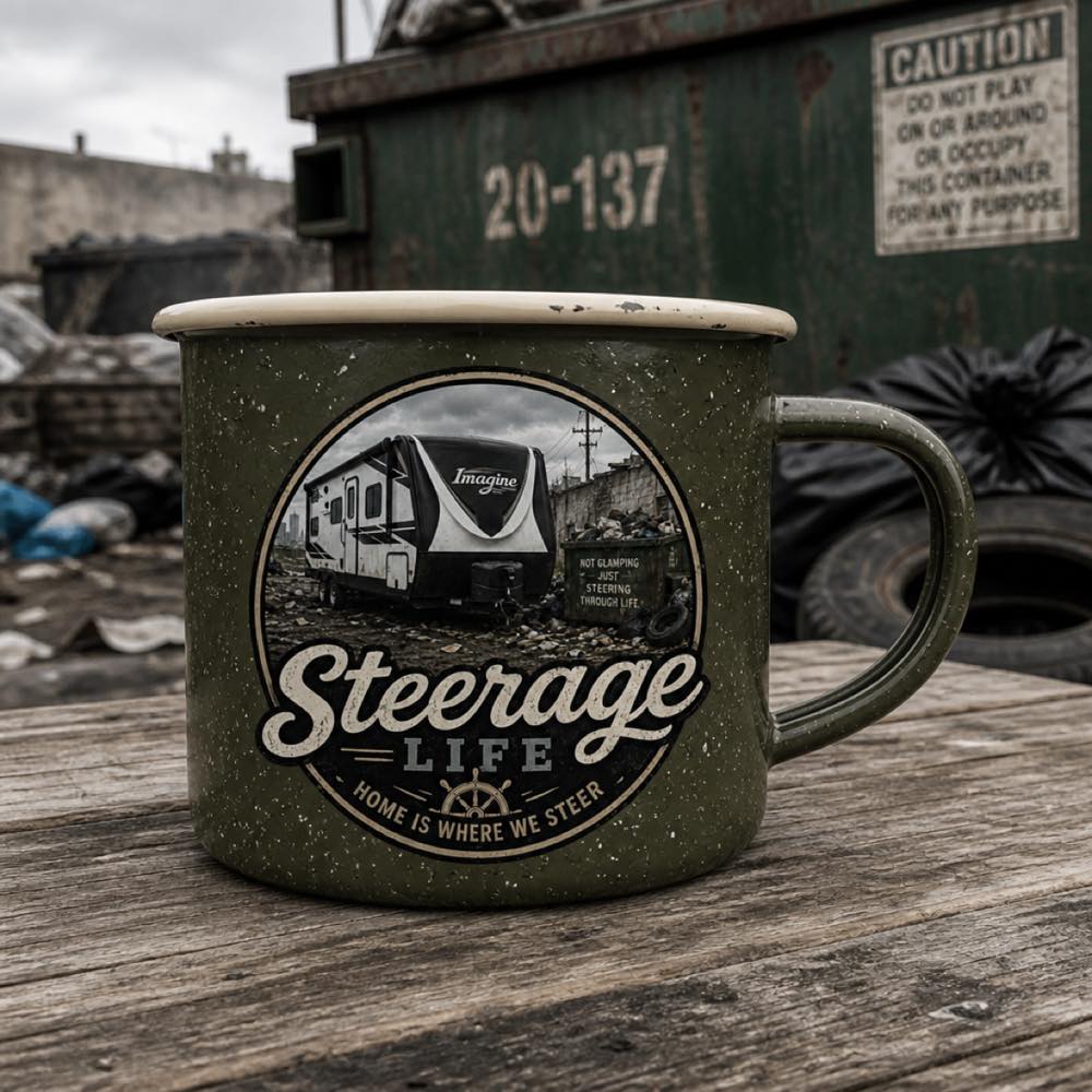Olive enamel camp mug with the Steerage Life badge.