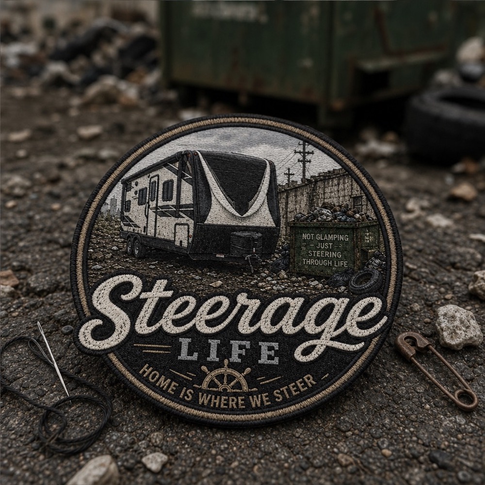 Circular embroidered Steerage Life iron-on patch.