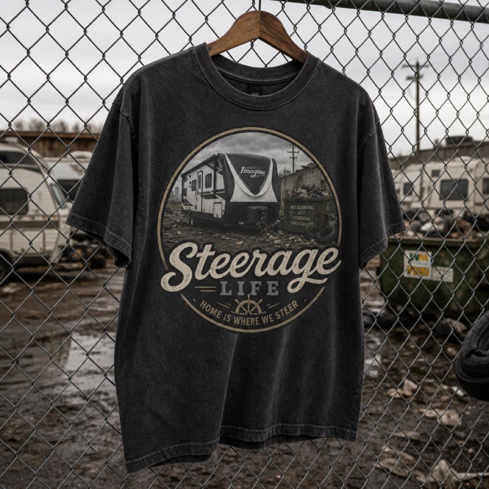 Charcoal t-shirt with the Steerage Life badge.