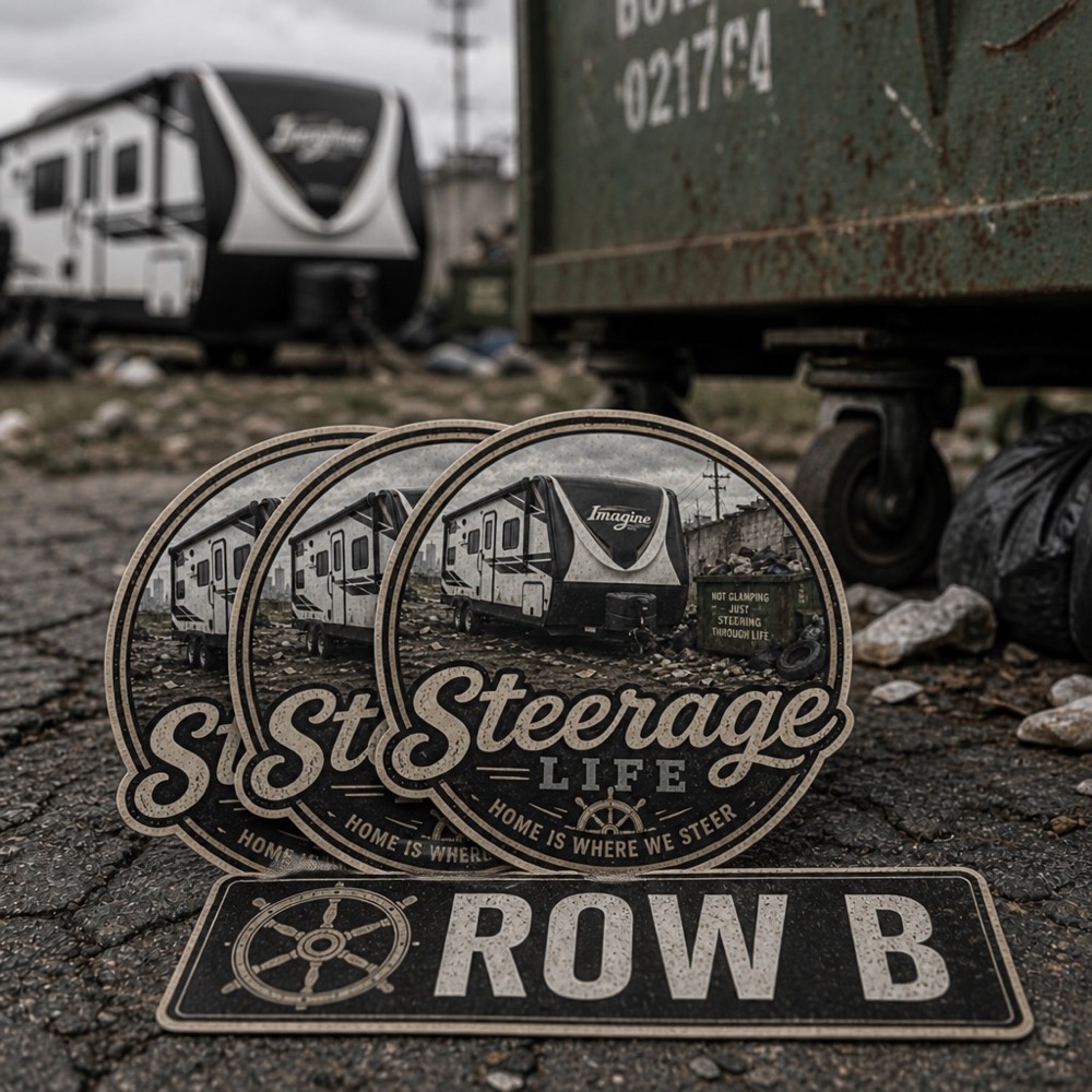 Steerage Life circular stickers and a Row B bumper sticker on asphalt.