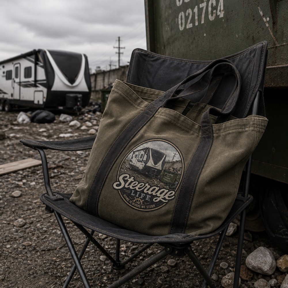 Olive canvas tote bag with the Steerage Life badge.